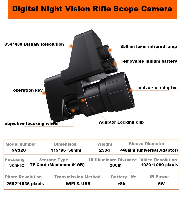 Scopemate NVS20 Digital Night Vision Scope Hunting Camera Recorder with WiFi for Hunting or Pest Control
